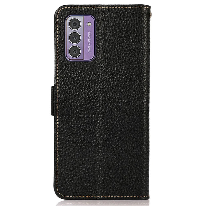 KHAZNEH For Nokia G42 Phone Case Wallet RFID Blocking Stand Litchi Texture Genuine Cow Leather Cover - Black - 7