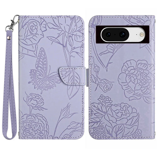 HT03 For Google Pixel 8 Imprinted Wallet Stand Phone Cover PU Leather Phone Case with Wrist Strap - Purple - 1