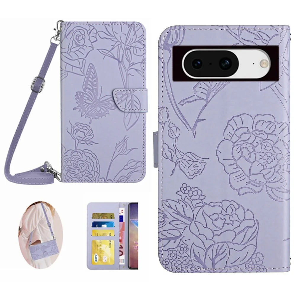 HT03 For Google Pixel 8 PU Leather Wallet Case Imprinted Flip Stand Cover with Shoulder Strap - Purple - 1