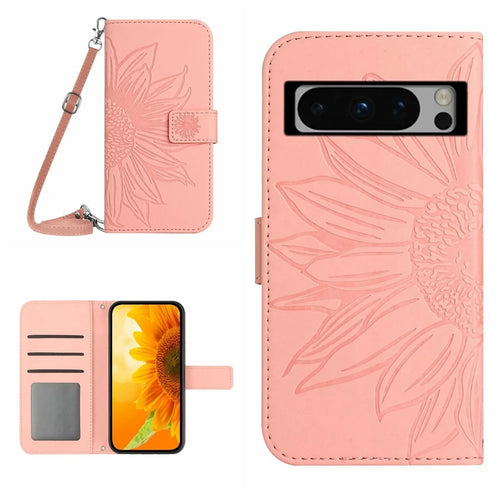 HT04 For Google Pixel 8 Pro Skin-Touch PU Leather Case Wallet Stand Imprinted Phone Cover with Shoulder Strap - Light Pink - 1