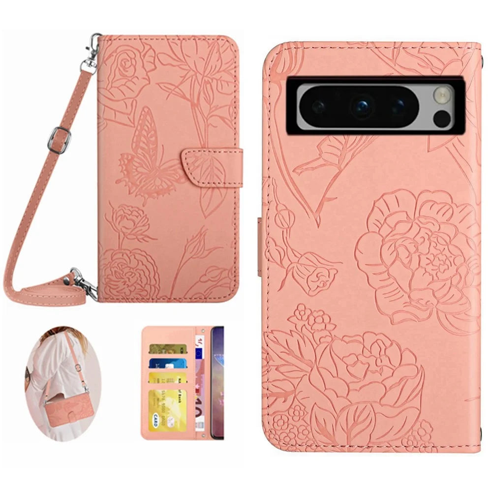 HT03 For Google Pixel 8 Pro PU Leather Wallet Case Adjustable Stand Imprinted Cover with Shoulder Strap - Pink - 1