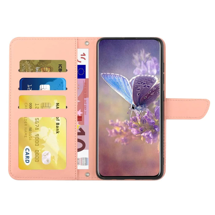 HT03 For Google Pixel 8 Pro PU Leather Wallet Case Adjustable Stand Imprinted Cover with Shoulder Strap - Pink - 2