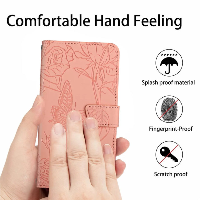 HT03 For Google Pixel 8 Pro PU Leather Wallet Case Adjustable Stand Imprinted Cover with Shoulder Strap - Pink - 5