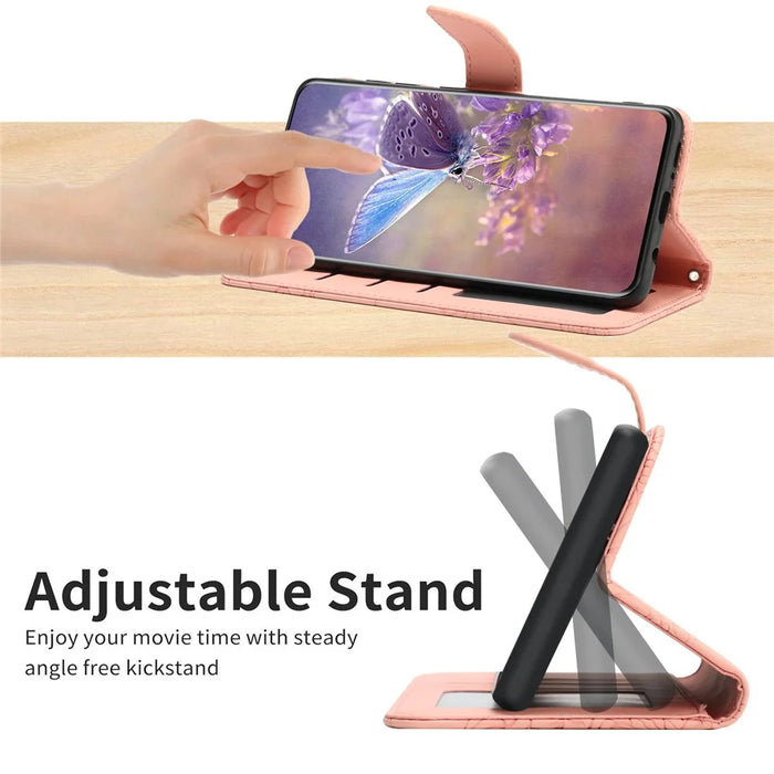 HT03 For Google Pixel 8 Pro PU Leather Wallet Case Adjustable Stand Imprinted Cover with Shoulder Strap - Pink - 7
