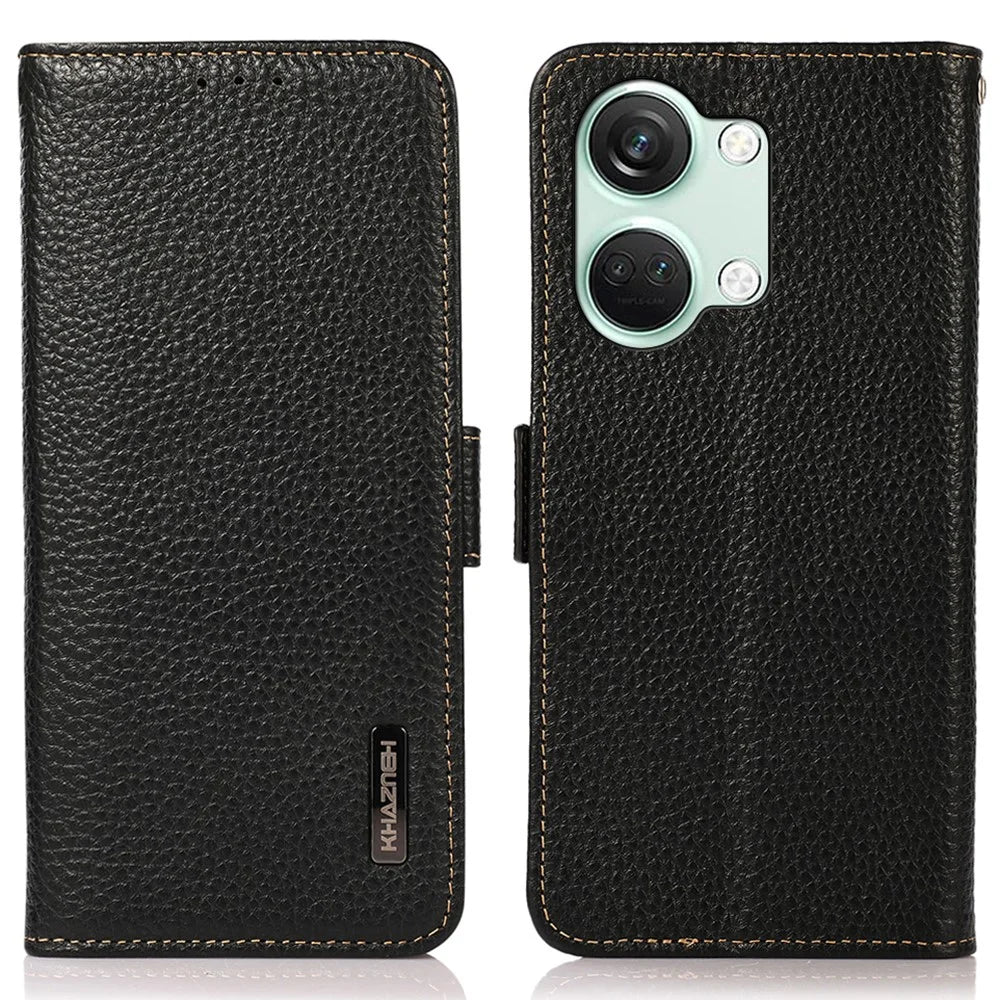 KHAZNEH Genuine Cow Leather Phone Case for OnePlus Nord 3 5G / Ace 2V , RFID Blocking Stand Wallet Litchi Texture Cover - Black - 1