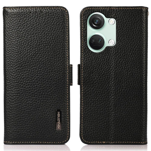 KHAZNEH Genuine Cow Leather Phone Case for OnePlus Nord 3 5G / Ace 2V , RFID Blocking Stand Wallet Litchi Texture Cover - Black - 1