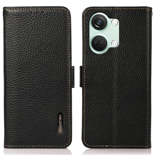 KHAZNEH Genuine Cow Leather Phone Case for OnePlus Nord 3 5G / Ace 2V , RFID Blocking Stand Wallet Litchi Texture Cover - Black - 1