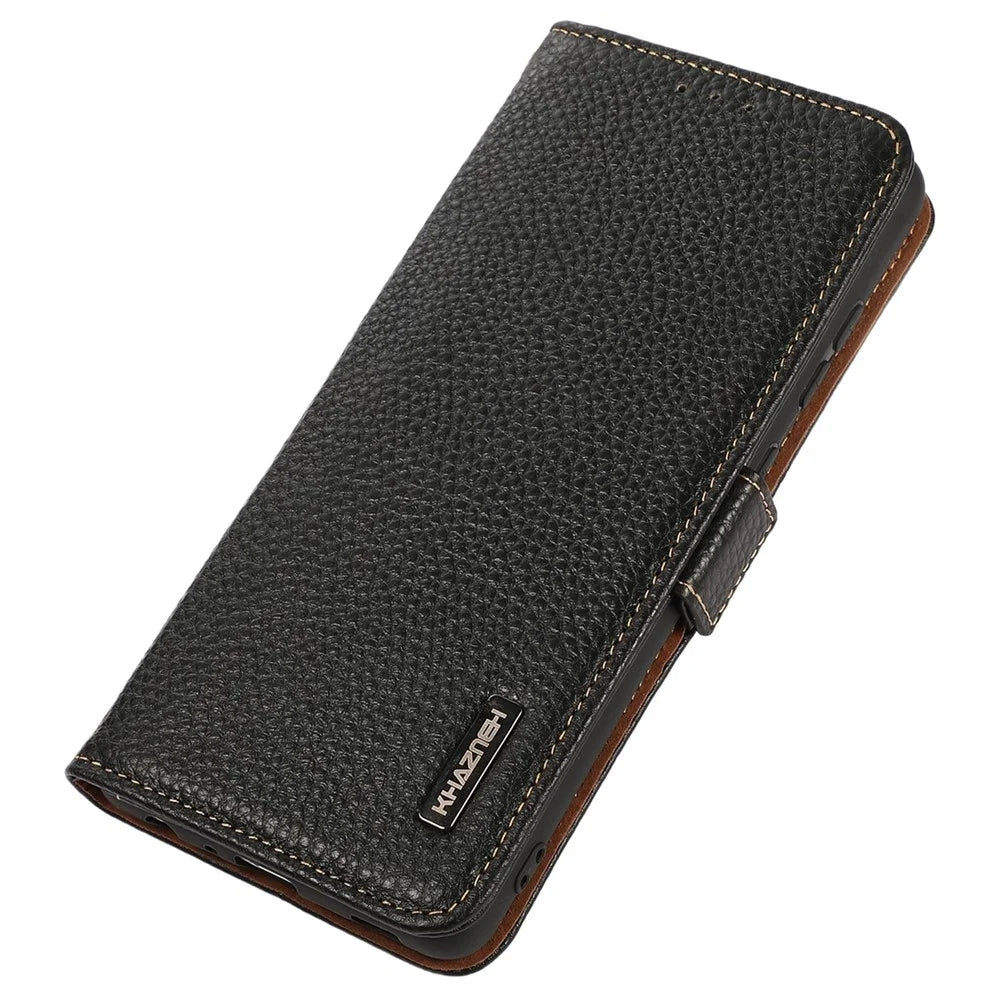 KHAZNEH Genuine Cow Leather Phone Case for OnePlus Nord 3 5G / Ace 2V , RFID Blocking Stand Wallet Litchi Texture Cover - Black - 6