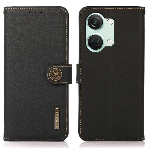 KHAZNEH For OnePlus Nord 3 5G / Ace 2V RFID Blocking Wallet Case Fall Protection Genuine Cow Leather Stand Phone Cover - Black - 1