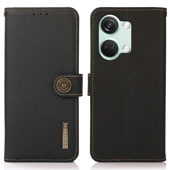 KHAZNEH For OnePlus Nord 3 5G / Ace 2V RFID Blocking Wallet Case Fall Protection Genuine Cow Leather Stand Phone Cover - Black - 1