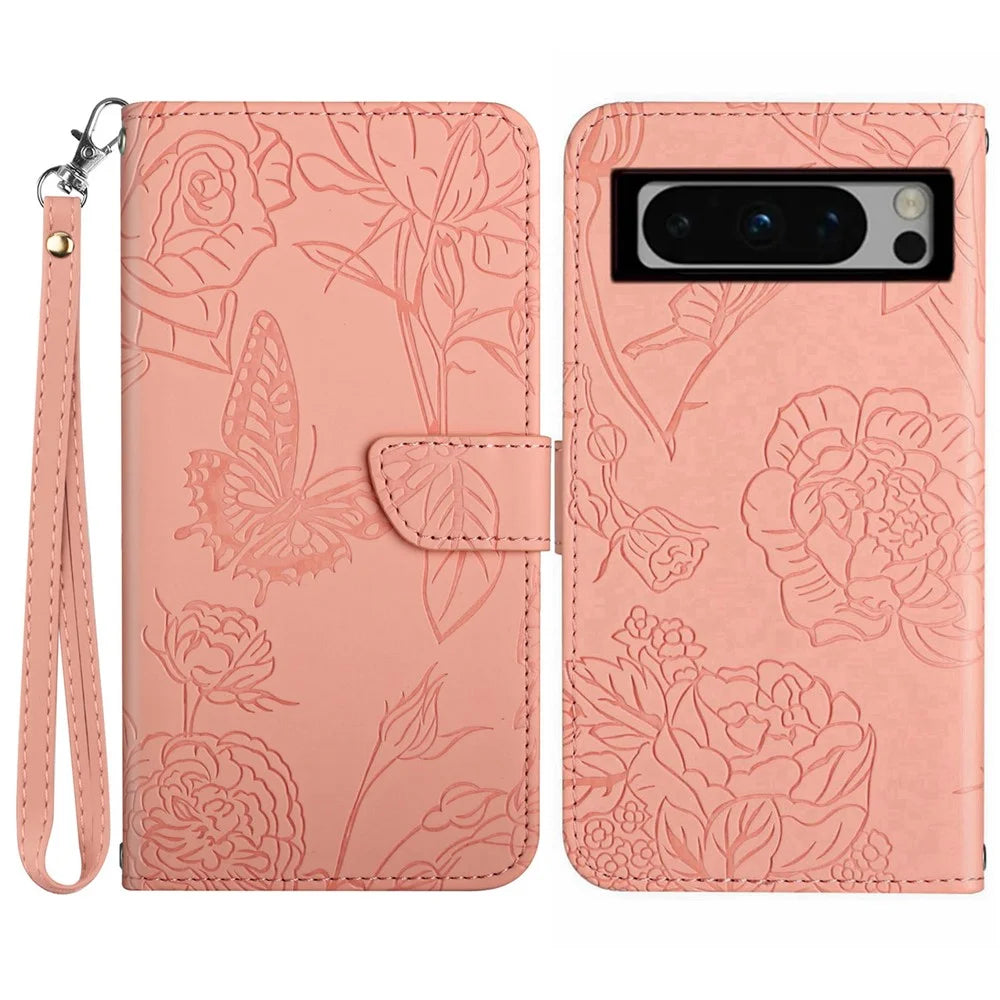 HT03 PU Leather Case for Google Pixel 8 Pro , Imprinted Wallet Stand Phone Cover with Wrist Strap - Pink - 1