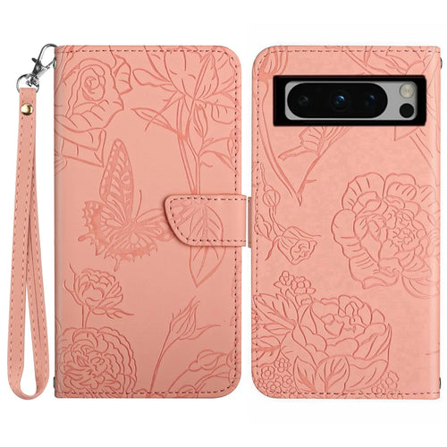 HT03 PU Leather Case for Google Pixel 8 Pro , Imprinted Wallet Stand Phone Cover with Wrist Strap - Pink - 1