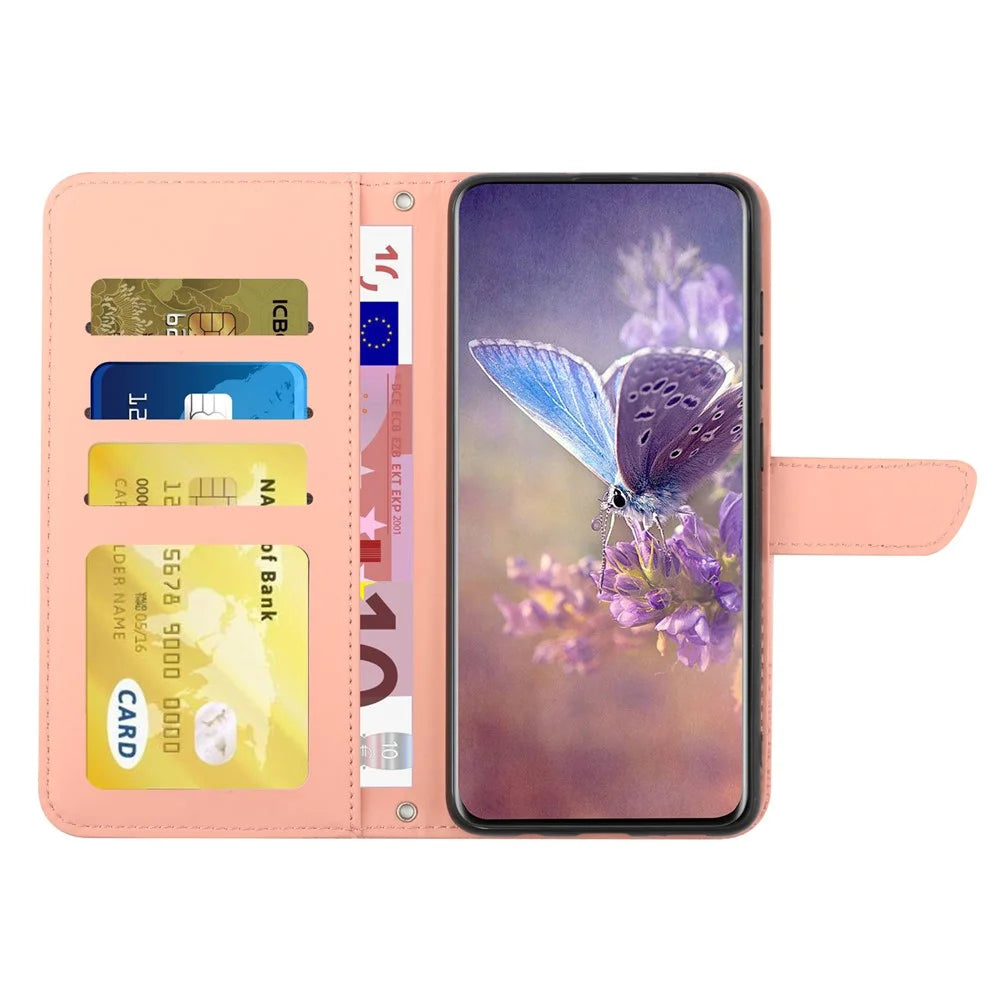 HT03 PU Leather Case for Google Pixel 8 Pro , Imprinted Wallet Stand Phone Cover with Wrist Strap - Pink - 2
