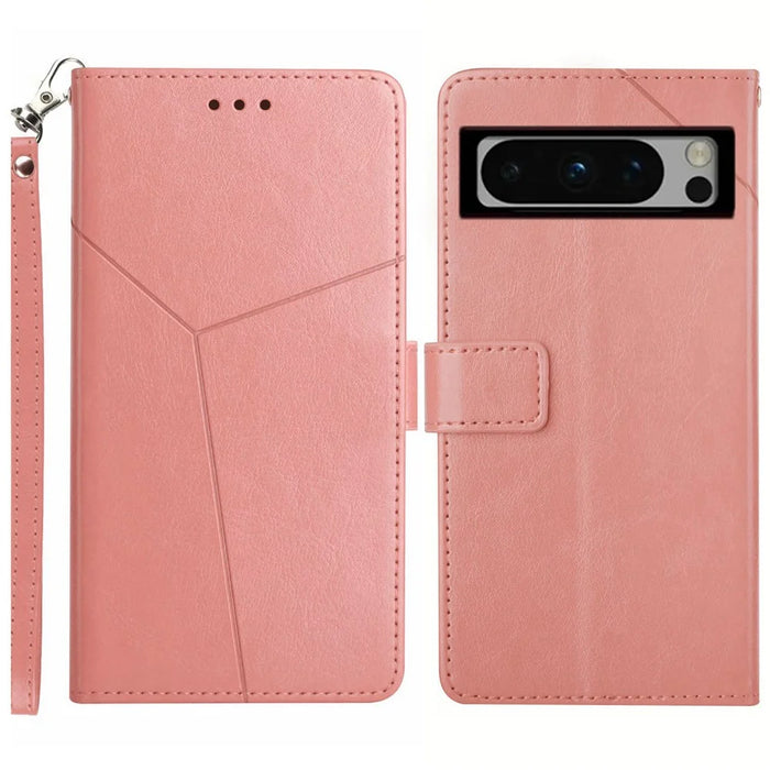 HT01 For Google Pixel 8 Pro Phone Cover Wallet Imprinted Y-shaped Line PU Leather Shell Phone Stand Case - Pink - 1