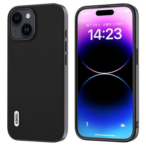 ABEEL For iPhone 15 Plus Textured PU Leather+TPU Phone Cover Fall Proof Back Case - Black - 1
