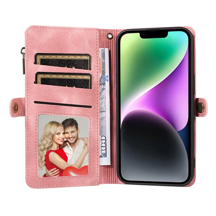 For iPhone 15 Pro Max Phone Cover Zipper Pocket Wallet RFID Blocking Stand Anti-Scratch Leather Case with Strap - Pink - 2