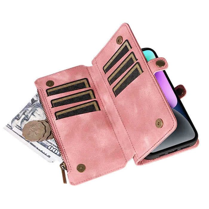 For iPhone 15 Pro Max Phone Cover Zipper Pocket Wallet RFID Blocking Stand Anti-Scratch Leather Case with Strap - Pink - 3