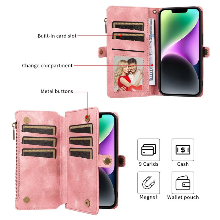 For iPhone 15 Pro Max Phone Cover Zipper Pocket Wallet RFID Blocking Stand Anti-Scratch Leather Case with Strap - Pink - 7