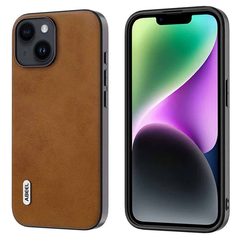 ABEEL For iPhone 15 Plus Protective Case PU Leather Coated TPU+PC Cowhide Texture Phone Cover - Brown - 1