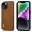 ABEEL For iPhone 14 Cowhide Texture Phone Case PU Leather Coated TPU+PC Hybrid Protective Cover - Brown - 1