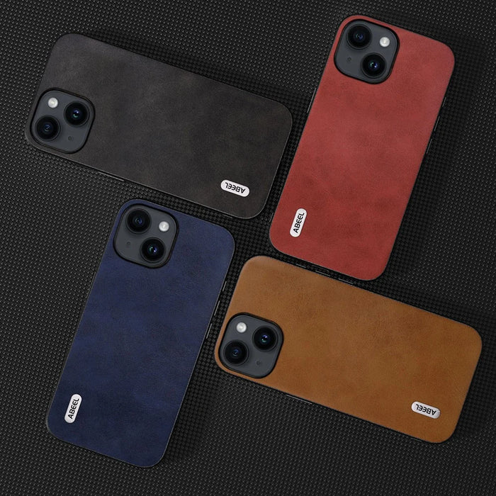 ABEEL For iPhone 14 Cowhide Texture Phone Case PU Leather Coated TPU+PC Hybrid Protective Cover - Brown - 3