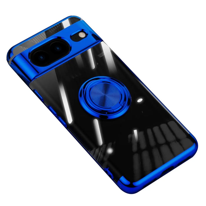 For Google Pixel 8 Electroplating TPU Phone Case Ring Kickstand Anti-drop Cover - Blue - 1