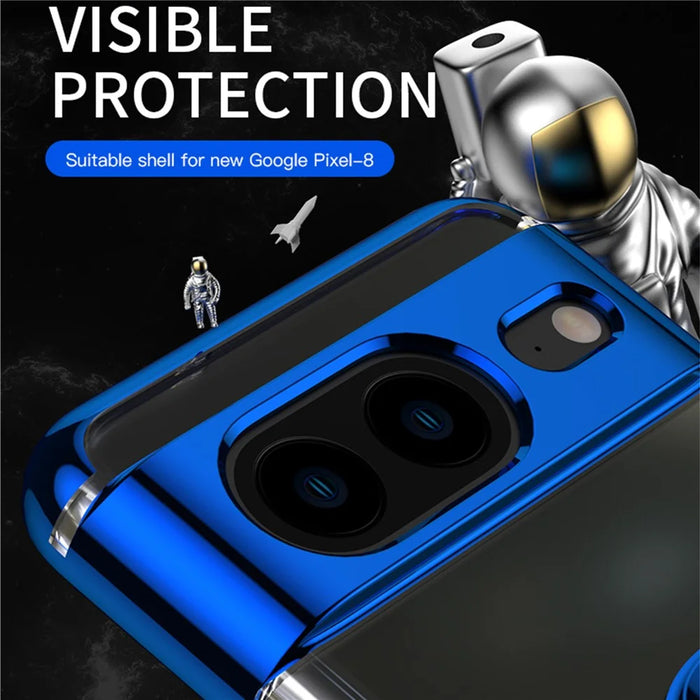For Google Pixel 8 Electroplating TPU Phone Case Ring Kickstand Anti-drop Cover - Blue - 2