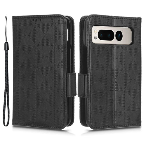 For Google Pixel Fold Phone Cover PU Leather Stand Wallet Imprinted Triangle Cell Phone Case Shell - Black - 1