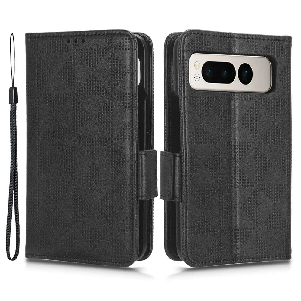 For Google Pixel Fold Phone Cover PU Leather Stand Wallet Imprinted Triangle Cell Phone Case Shell - Black - 1