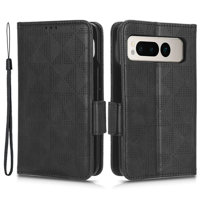 For Google Pixel Fold Phone Cover PU Leather Stand Wallet Imprinted Triangle Cell Phone Case Shell - Black - 1