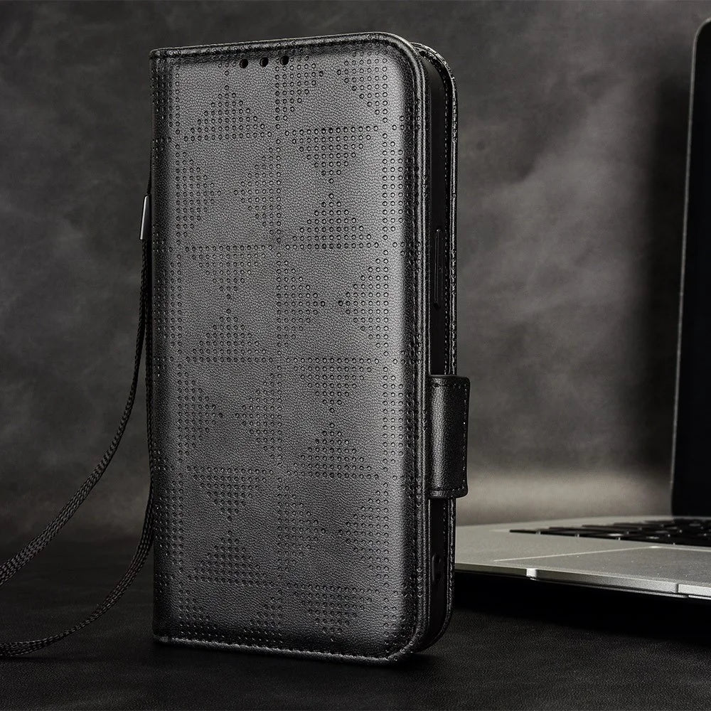 For Samsung Galaxy S23 FE Imprinted Triangle Cell Phone Cover PU Leather Stand Wallet Case - Black - 5