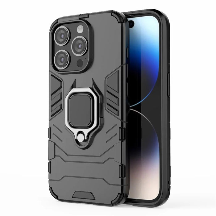 For iPhone 15 Pro Max TPU+PC Drop-proof Phone Case Ring Holder Kickstand Cover - Black - 1
