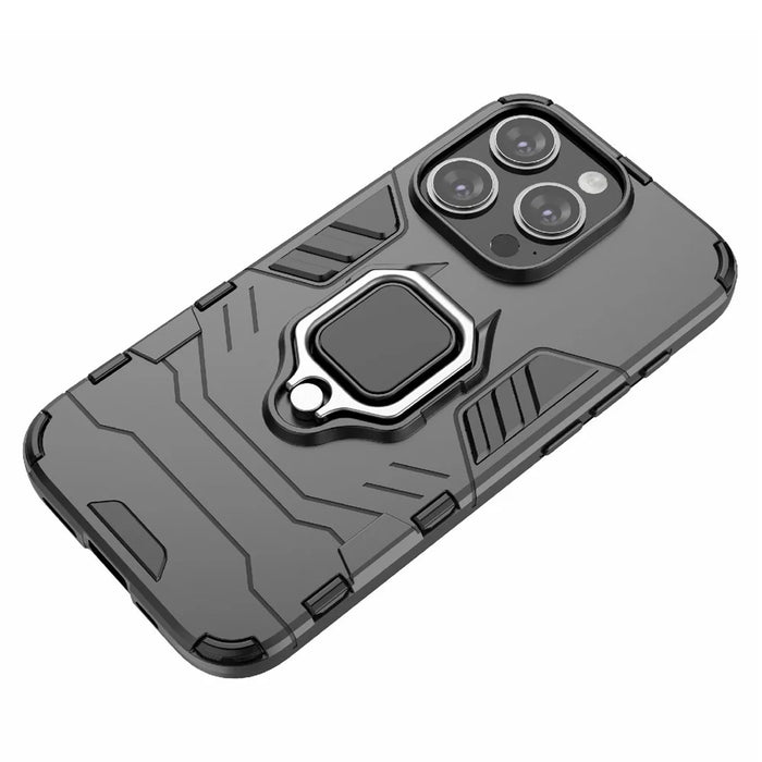For iPhone 15 Pro Max TPU+PC Drop-proof Phone Case Ring Holder Kickstand Cover - Black - 6