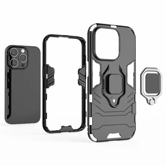 For iPhone 15 Pro Max TPU+PC Drop-proof Phone Case Ring Holder Kickstand Cover - Black - 7
