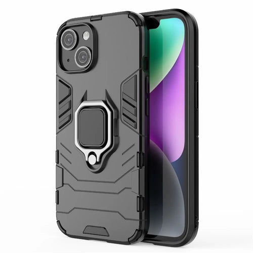 For iPhone 15 Ring Holder Kickstand Back Cover TPU+PC Shockproof Phone Case - Black - 1
