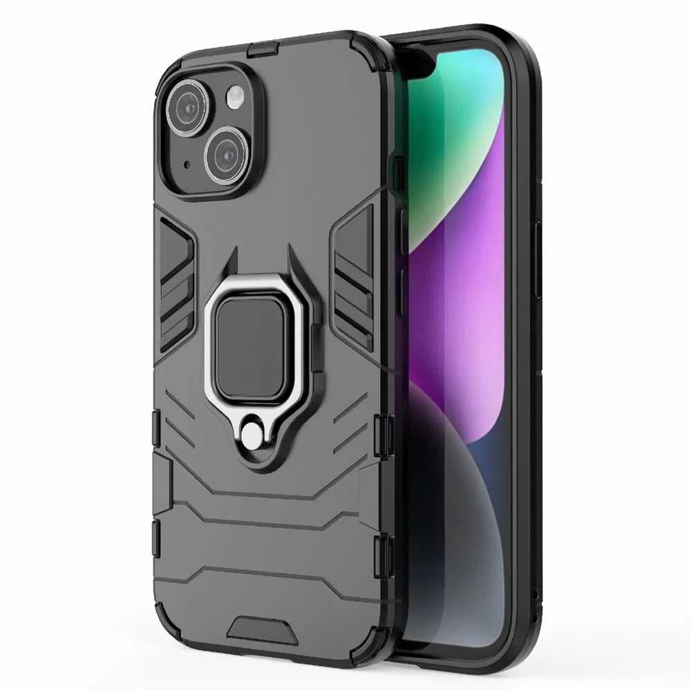 For iPhone 15 Ring Holder Kickstand Back Cover TPU+PC Shockproof Phone Case - Black - 1