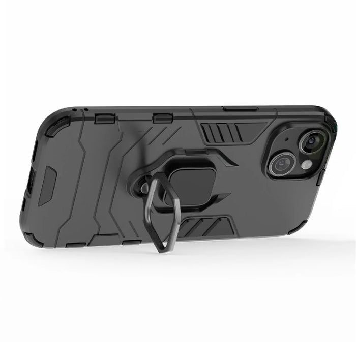 For iPhone 15 Ring Holder Kickstand Back Cover TPU+PC Shockproof Phone Case - Black - 4