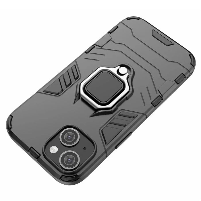 For iPhone 15 Ring Holder Kickstand Back Cover TPU+PC Shockproof Phone Case - Black - 5