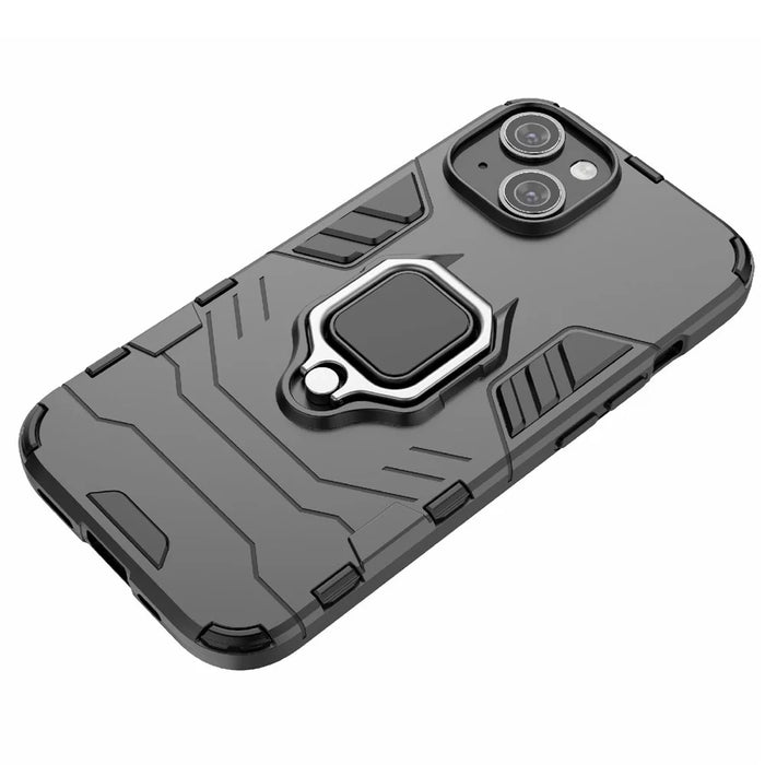 For iPhone 15 Ring Holder Kickstand Back Cover TPU+PC Shockproof Phone Case - Black - 6