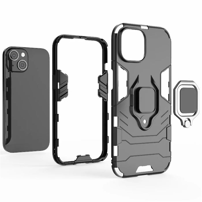 For iPhone 15 Ring Holder Kickstand Back Cover TPU+PC Shockproof Phone Case - Black - 7