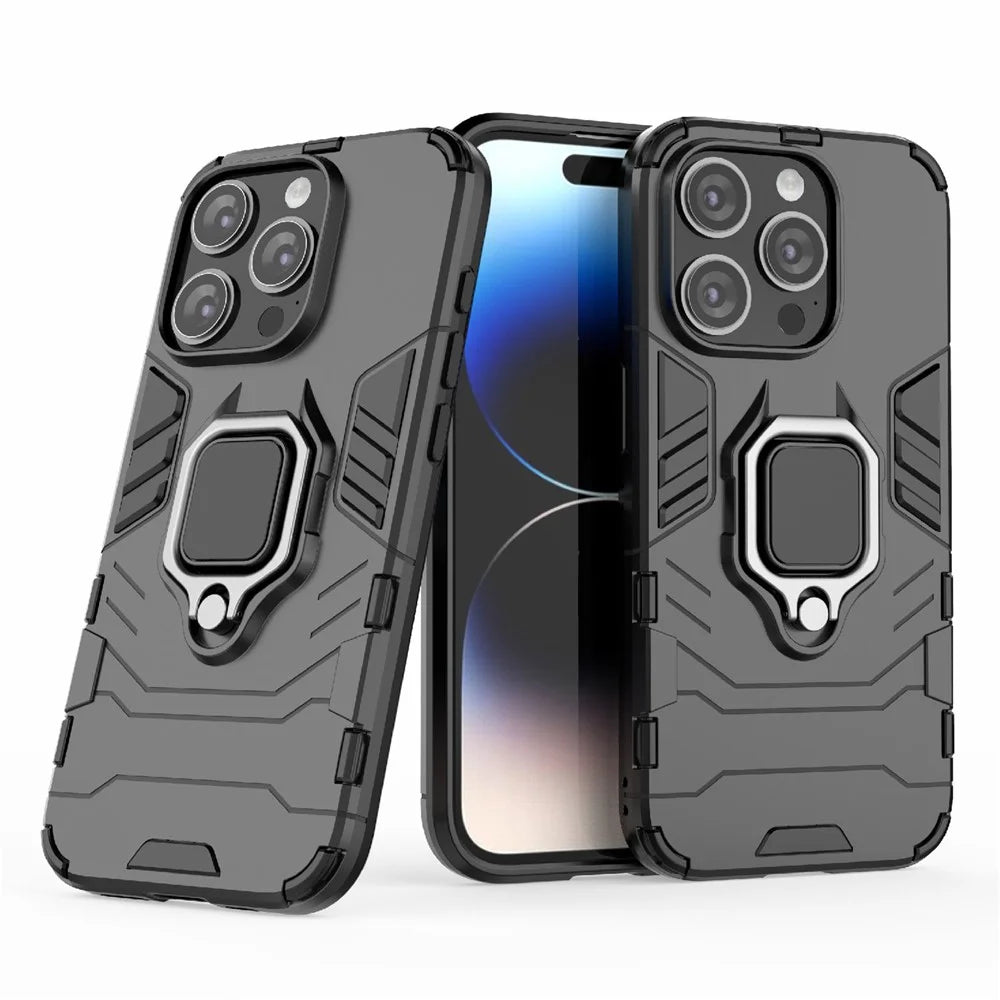 For iPhone 15 Pro Anti-drop Cover TPU+PC Phone Case with Ring Holder Kickstand - Black - 2