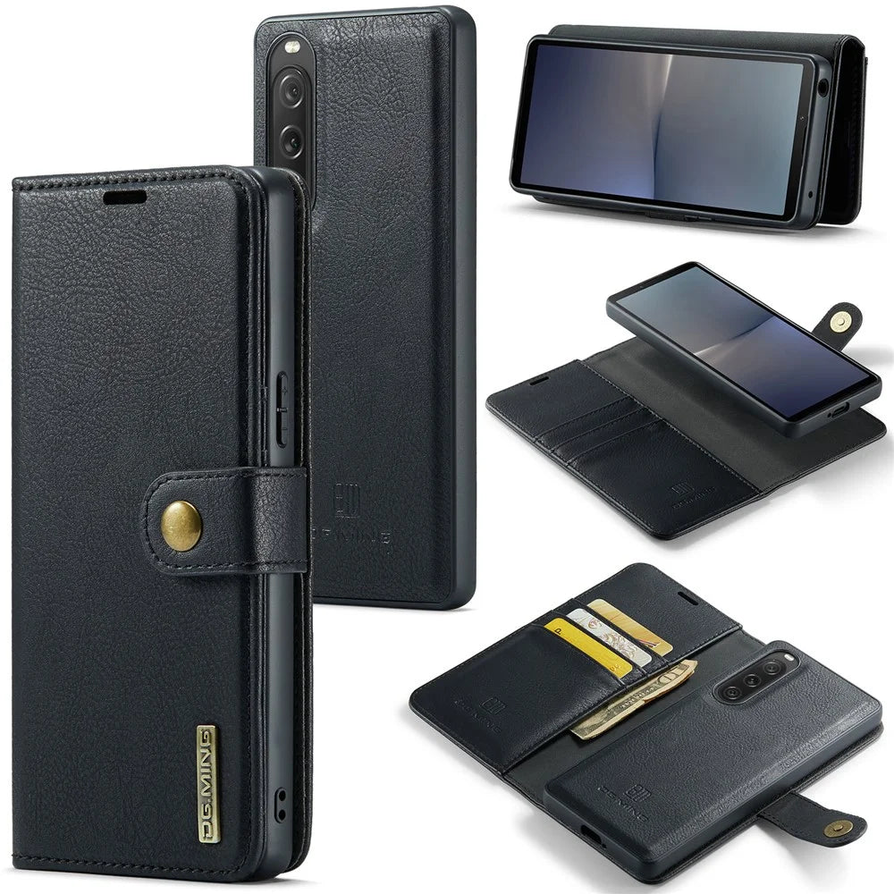 DG.MING Detachable Magnetic Phone Case for Sony Xperia 10 V Shockproof Split Leather Wallet Phone Cover - Black - 1