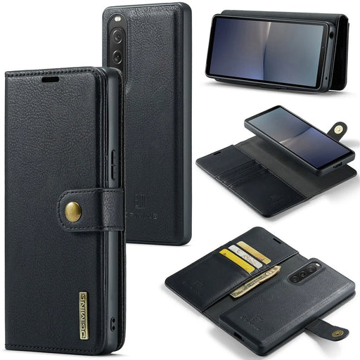 DG.MING Detachable Magnetic Phone Case for Sony Xperia 10 V Shockproof Split Leather Wallet Phone Cover - Black - 1