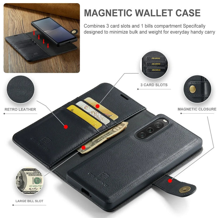 DG.MING Detachable Magnetic Phone Case for Sony Xperia 10 V Shockproof Split Leather Wallet Phone Cover - Black - 4