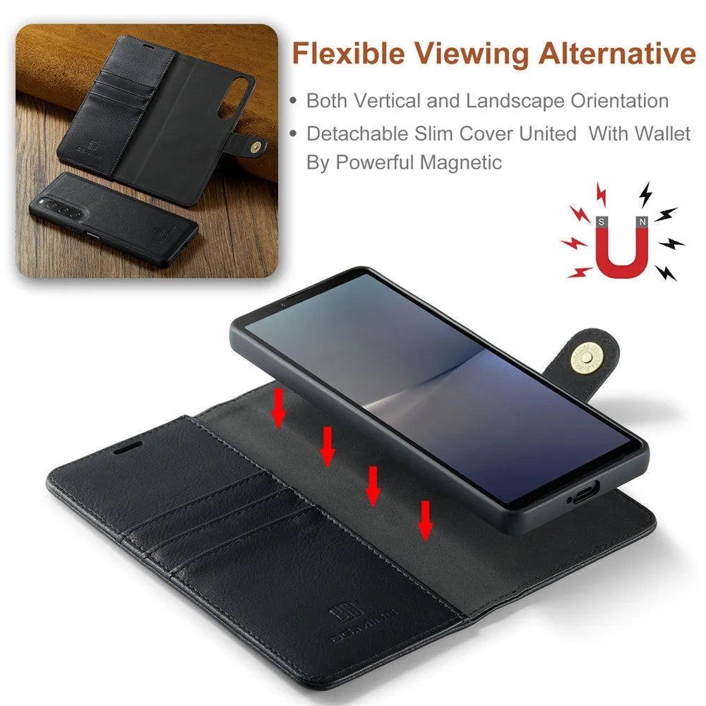 DG.MING Detachable Magnetic Phone Case for Sony Xperia 10 V Shockproof Split Leather Wallet Phone Cover - Black - 5