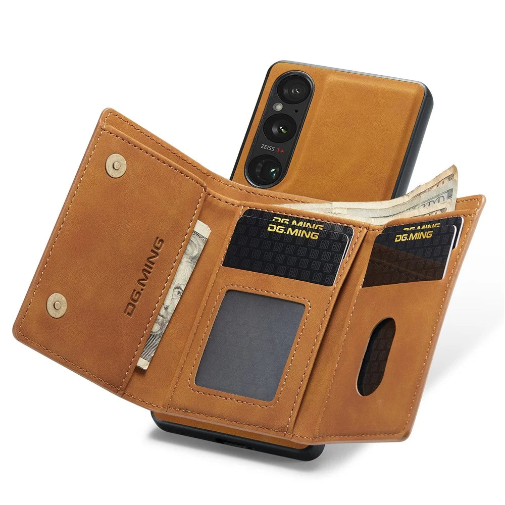 DG.MING M1 Series For Sony Xperia 1 V Magnetic Wallet Phone Case Anti-Drop Kickstand PC+TPU+PU Phone Cover - Brown - 4