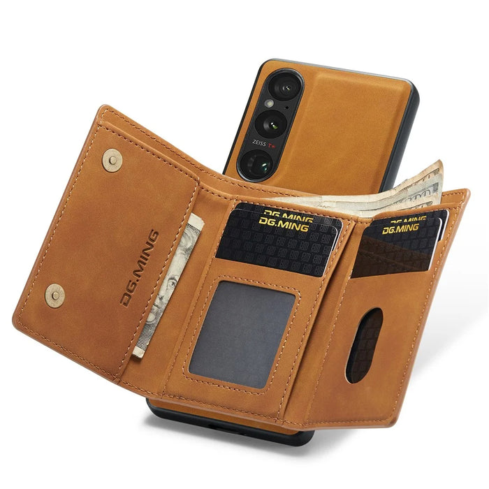 DG.MING M1 Series For Sony Xperia 1 V Magnetic Wallet Phone Case Anti-Drop Kickstand PC+TPU+PU Phone Cover - Brown - 4