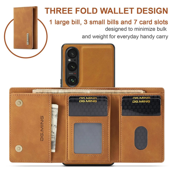 DG.MING M1 Series For Sony Xperia 1 V Magnetic Wallet Phone Case Anti-Drop Kickstand PC+TPU+PU Phone Cover - Brown - 7