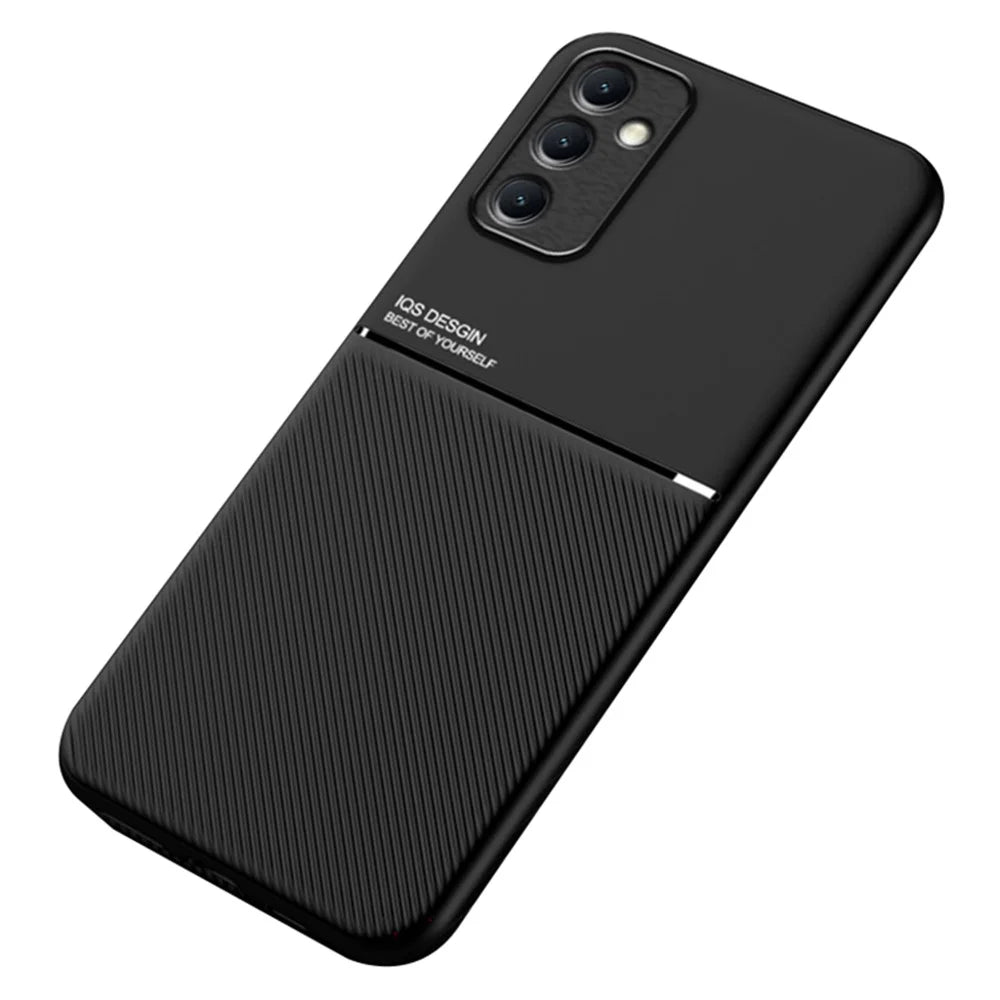For Samsung Galaxy M14 5G Phone Case Lines Imprinted Leather+TPU Cover Support Magnetic Car Mount - Black - 1