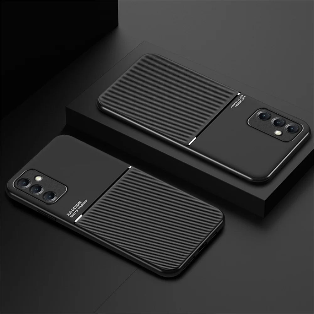 For Samsung Galaxy M14 5G Phone Case Lines Imprinted Leather+TPU Cover Support Magnetic Car Mount - Black - 3
